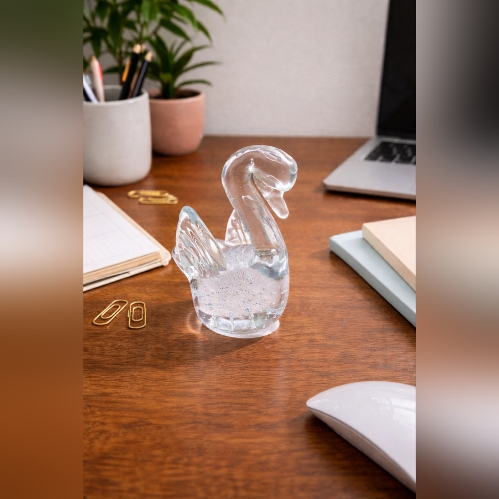 Vintage Hand Blown Clear Glass Swan Paperweight Decorative Desk Accent